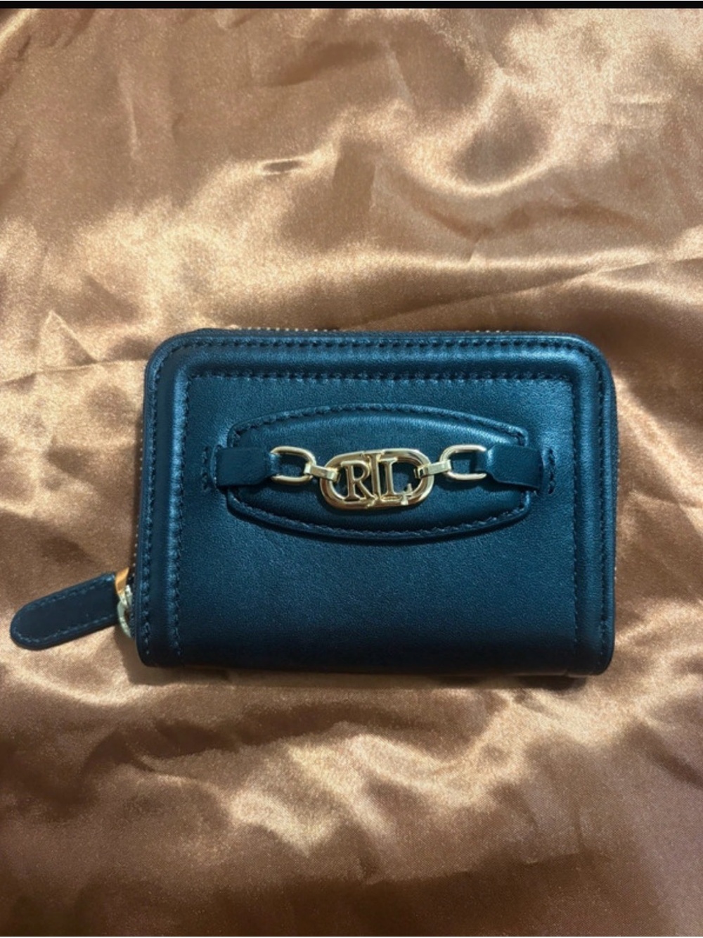 Ralph Lauren Leather Zip Card Case Wallet w/Gold Hardware Dark Navy